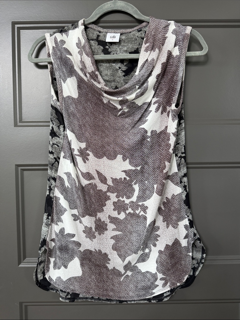 CAbi Black and White Floral Cowl-Neck Tank